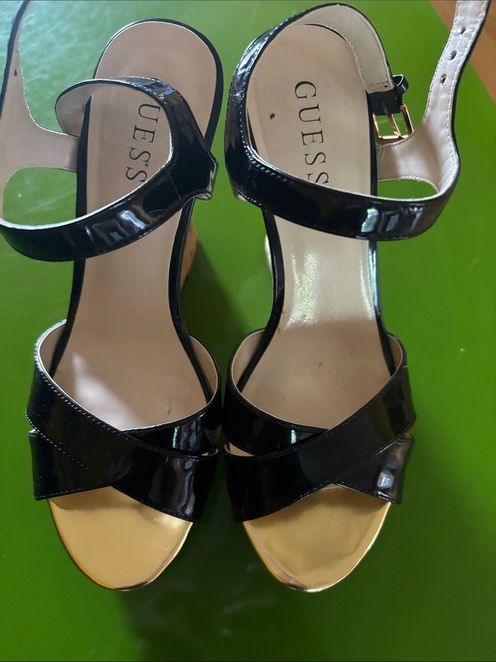 GUESS Black Patent Leather Open-Toe Ankle Strap Heels with Gold Accent